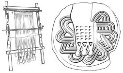 warp-weighted loom, drawing by M. Jagodzińska; cuboid seal from the Tholos Tomb A in Aghia Triada, after CMS II.1. 64 a drawing by M. Jagodzińska.